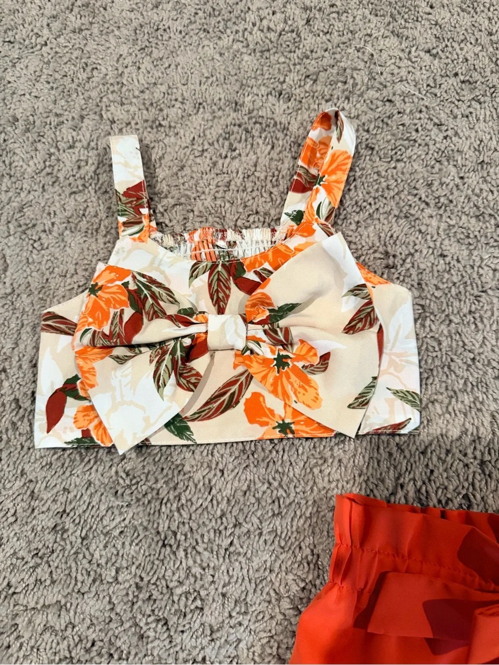 Girls' Bright Orange Wide-Leg Matching Set with Floral Top
